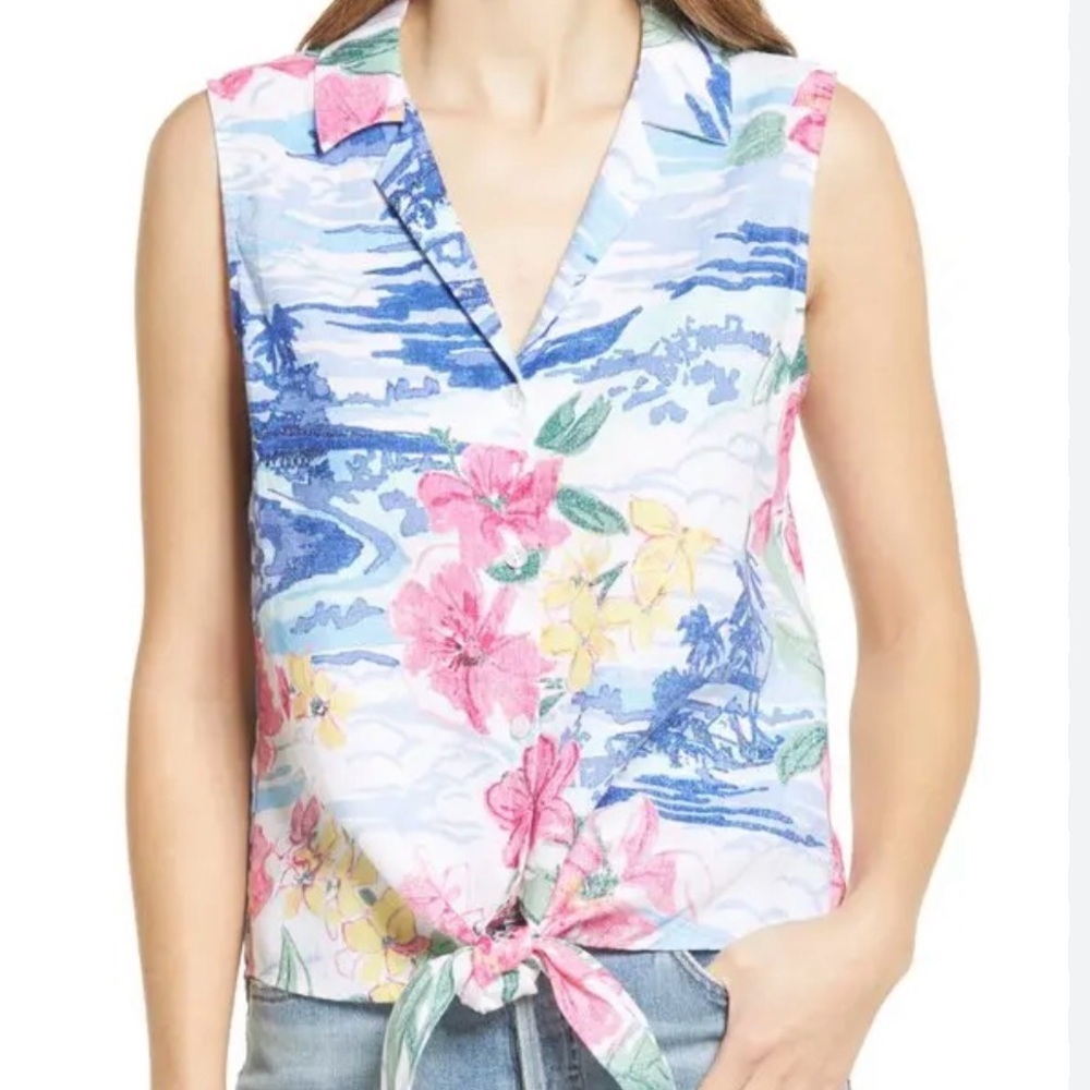 Tommy Bahama Linen Waikiki Waves Tropical Sleeveless Tie Front Button Up Top L